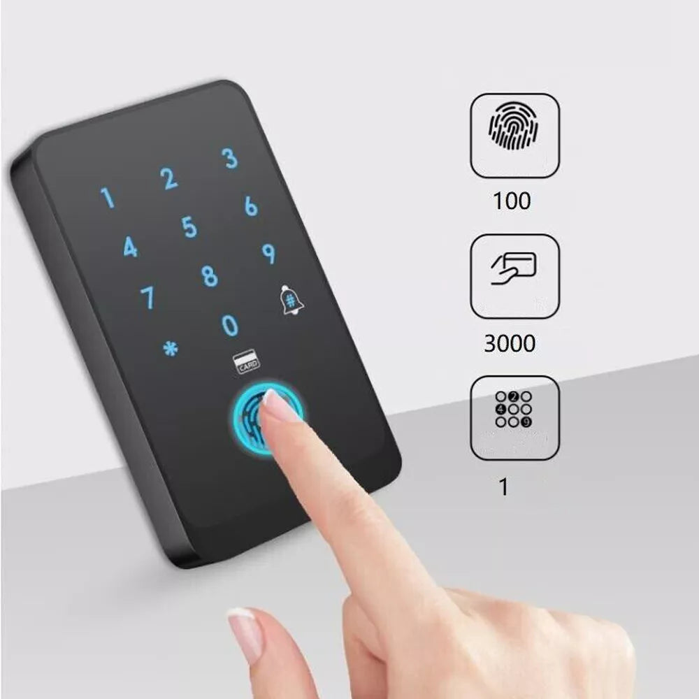 Navkar Systems Electronic Rim Lock with Weatherproof Finger Card Pin Remote Mobile App Access Control Panel with 2 Remotes, Can Operate Any Electronic Lock Using Finger Card Pin Remote Smart Life App