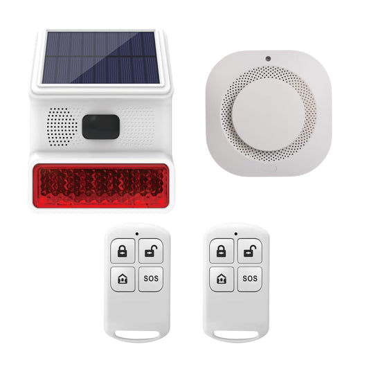 Navkar Systems SRSOL-43 Solar Wireless Alarm Siren Kit with wireless Smoke Detector (SMK-43) and 2 mini white Remotes (RM-WHSEC), 433MHz