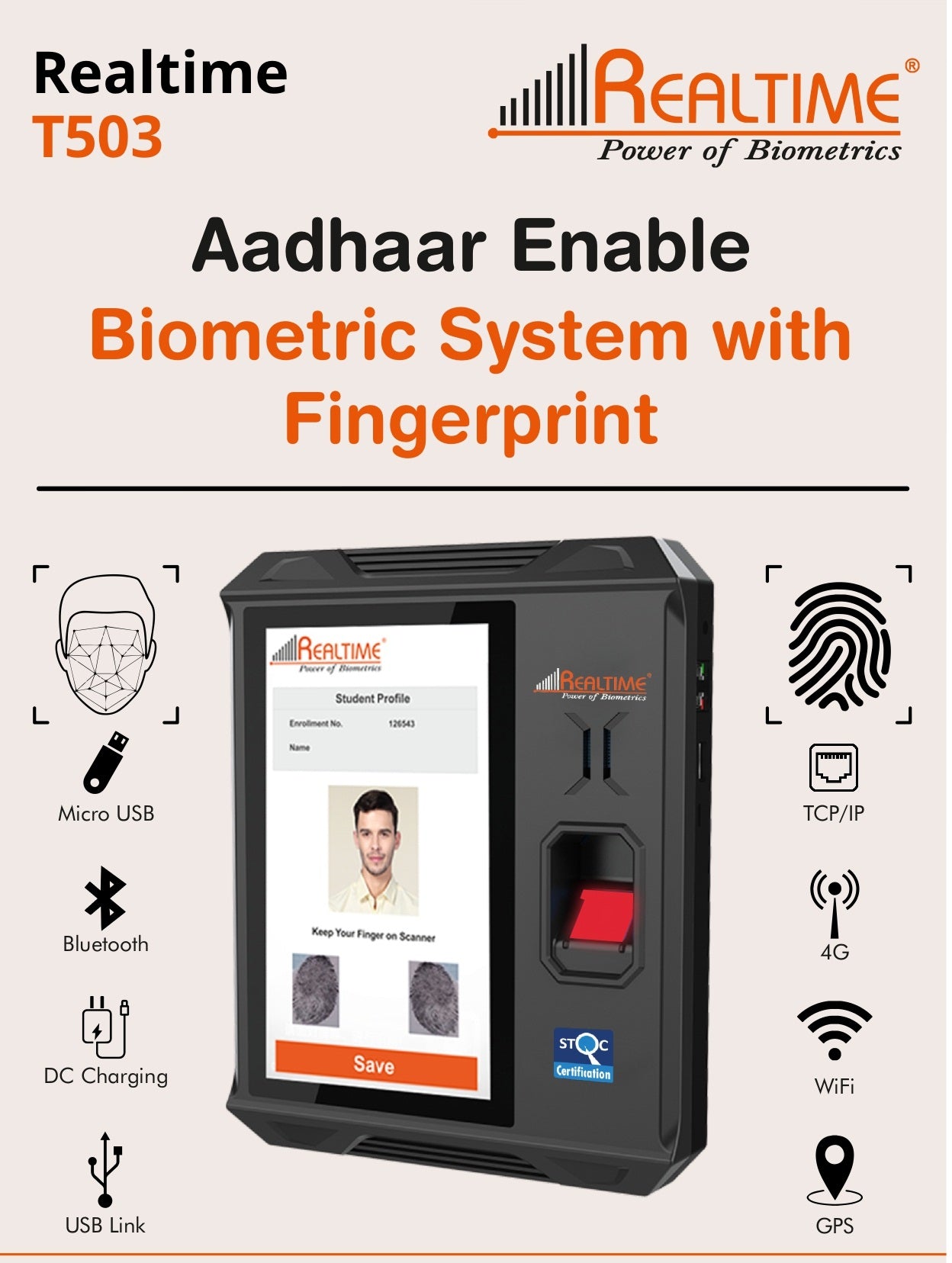 Realtime T503 Aadhaar Enabled Biometric Attendance Machine