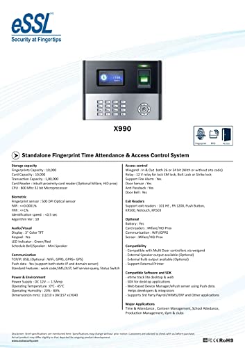 ESSL 10000 Fingerprint Capacity Fingerprint T&A System with Access Control System X990-C+ID