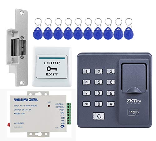 Biometric RF PIN Access Control, Strike Lock, Exit Button, K80 Supply, 10 Keychain