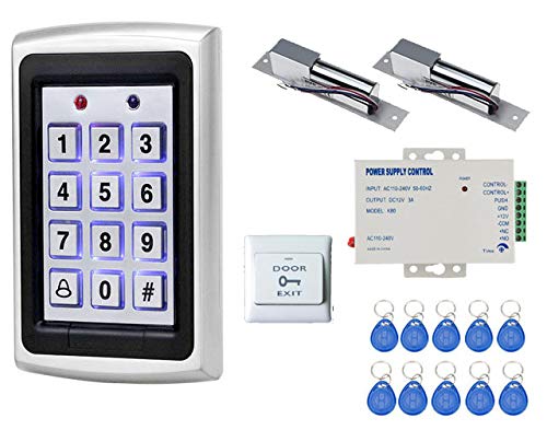 Weatherproof RFID Pin Access Control System, Drop Bolt Lock 2 Nos, Drop Bolt U Bracket for Glass Door 2 Nos, K80 Supply, PVC Button, Keychain Tag 10 Nos for Frameless Glass Double Door