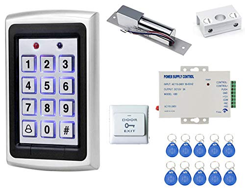 Door Entry Access Control System Weatherproof RFID Pin Access Control System, Drop Bolt Lock, Drop Bolt U Bracket for Glass Door, K80 Supply, PVC Button, Keychain Tag 10 Nos for Frameless Glass Door