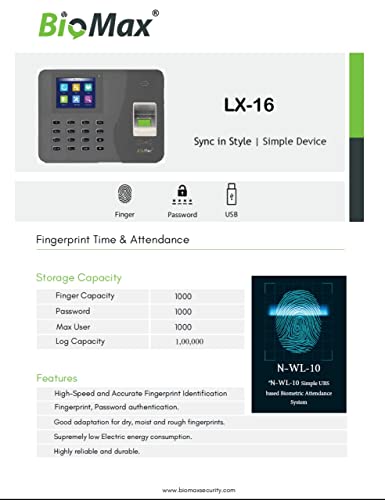 BIOMAX LX 16 FINGERPRINT TIME &  ATTENDANCE MACHINE