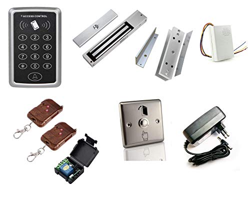 RFID Card + Password Based Access Control System with Electro Magnetic Lock, L Bracket, U Bracket, Remote Receiver with 2 Remotes, 12 V Door Bell, Exit Button and 12V 2Amp Adapter.