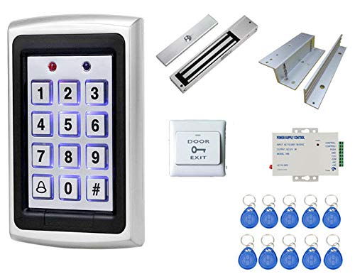 Weatherproof RFID Pin Access Control System, EM Lock 600 Lbs, Z & L Bracket, K80 Supply, PVC Button, Keychain Tag 10 Nos for Wooden or Aluminium Door