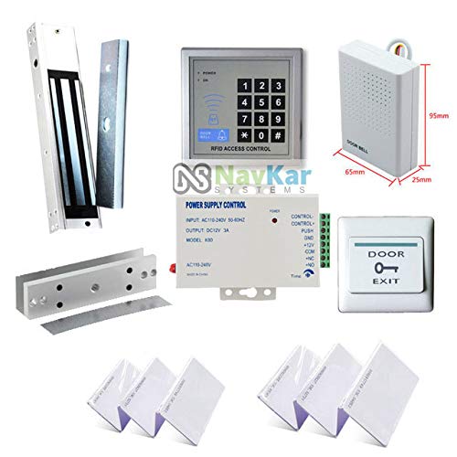 RFID Access Control System, EM Lock 600 Lbs, U Bracket for Glass Door, 12V Door Bell, PVC Exit Switch, K80 Supply, RFID Thin Cards 10 Nos