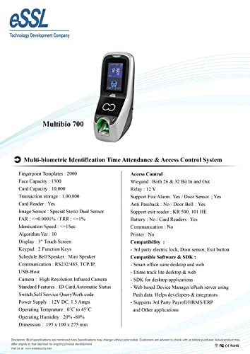 NAVKAR SYSTEMS Multi-Biometric Identification Time Attendance & Access Control System MULTIBIO700+ID