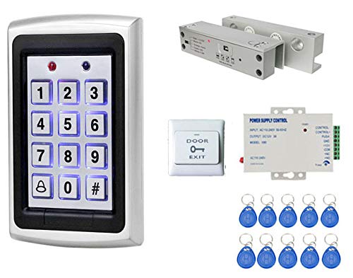 Door Entry Access Control System Kit Weatherproof RFID Pin Access Panel, Fully Frameless Glass Door Lock, K80 Supply, PVC Button, Keychain Tag 10 Nos for Frameless Glass Door