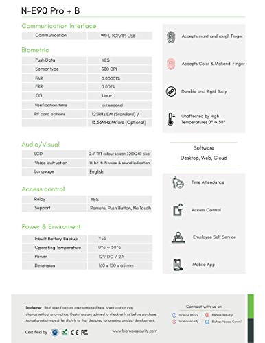 Biomax Fingerprint Machine with Inbuilt Battery & WiFi (Model: N-E90Pro+B) with Free Cloud Software for One Year