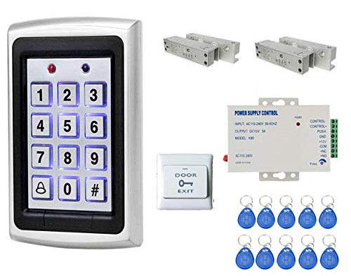 Door Entry Access Control System Weatherproof RFID Pin Access Panel, Fully Frameless Glass Door Lock 2 Nos, K80 Supply, PVC Button, Keychain Tag 10 Nos for Double Frameless Glass Door