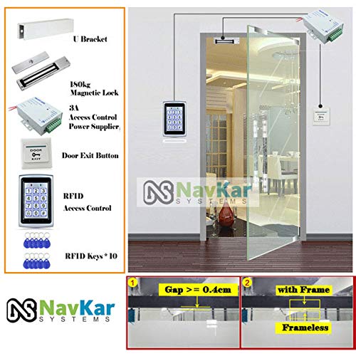 Door Entry Access Control System Weatherproof RFID Pin Access Panel, EM Lock 600 Lbs, U Bracket, K80 Supply, PVC Button, Keychain Tag 10 Nos for Frameless Glass Door