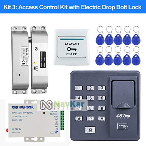 Door Entry Access Control System Biometric RF PIN Access Control, Drop Bolt Lock, Exit Button, K80 Supply, 10 Keychain
