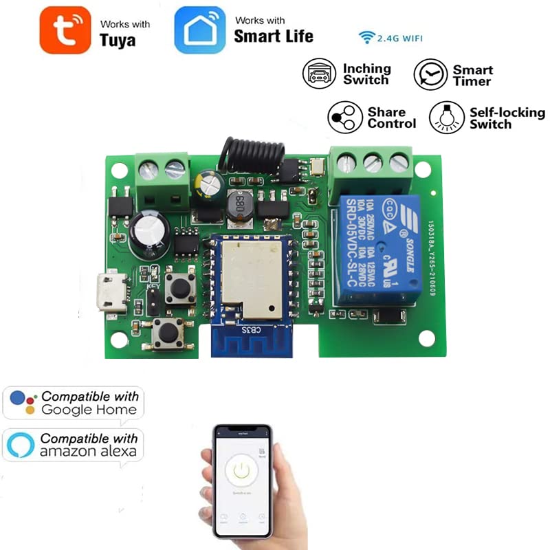 Tuya WiFi Switch Smart 1CH Relay Module DC5V 12V 24V Self-Locking RF433 Receive WI-FI Garage Door Opener Work with Alexa