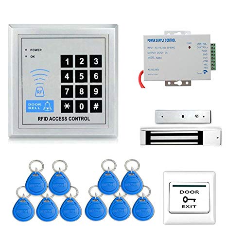 Full RFID Door Access Control System Kit Set (600 Lbs Electro Magnetic Lock + Armature Faceplate + Access Control Power Supply + Push Release Button + Proximity Door Entry keypad + 10 Key Fobs)