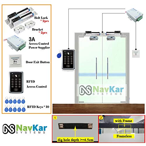 RFID Pin Access Control System, Drop Bolt Lock 2 Nos, Drop Bolt U Bracket for Glass Door 2 Nos, K80 Supply, PVC Button, Keychain Tag 10 Nos for Wooden or Aluminium Door Double Doors