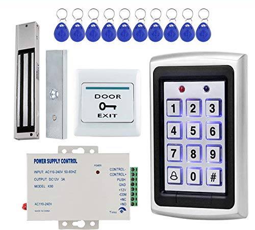 Door Entry Access Control System Weatherproof RF Pin Access Panel, EM Lock 600 Lbs, K80 Supply, Exit Button, Keychain Tag 10 Nos