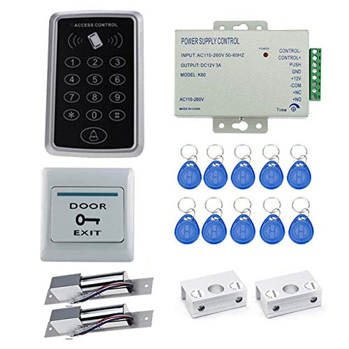 RFID Pin Access Control System, Drop Bolt Lock 2 Nos, Drop Bolt U Bracket for Glass Door 2 Nos, K80 Supply, PVC Button, Keychain Tag 10 Nos for Wooden or Aluminium Door Double Doors